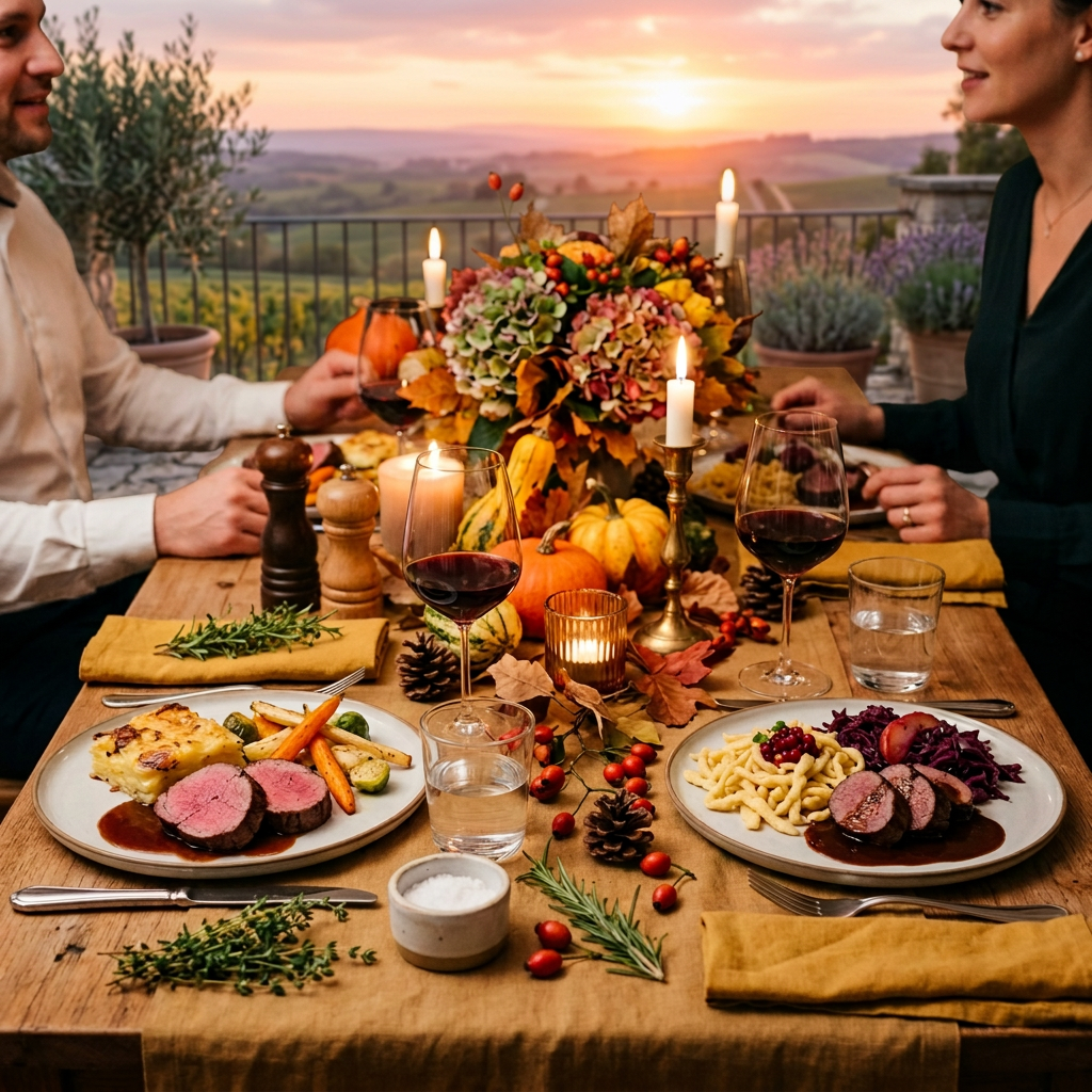 Herbsttisch auf Terrasse bei hellem Sonnenuntergang